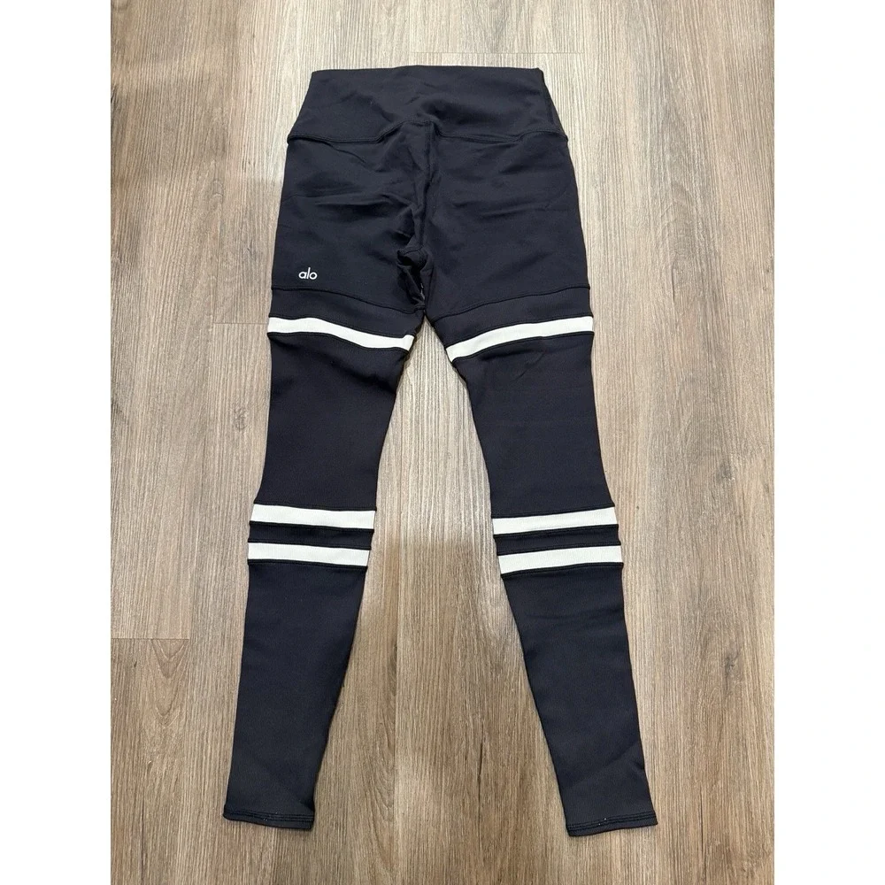 Alo Yoga High-Waist Legit Leggings Black Varsity Stripe Ribbed‎ Sz M